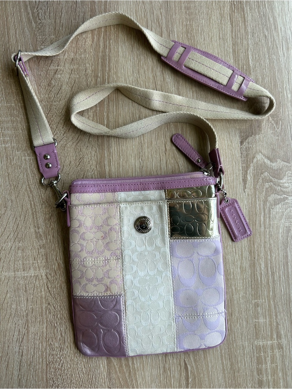 Coach Pastel Signature Patchwork Crossbody Bag - Lilac/Cream Vintage Y2K